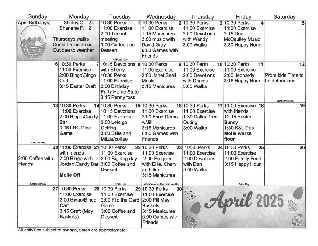 April activity calendar